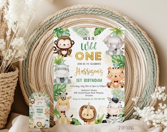 Wild One Safari Birthday Invitation, Jungle Animals (Digital Download)