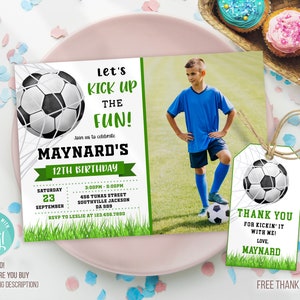Bewerkbare sjabloon voetbalverjaardagsuitnodiging, voetbalverjaardagsuitnodiging, voetbal bedanktag, voetbaluitnodiging
