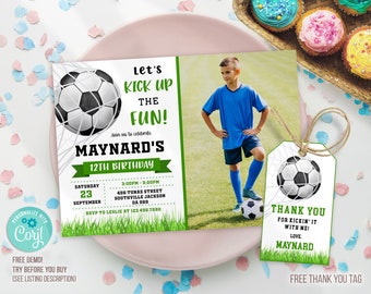 Soccer Birthday Invitation Template with photo, Soccer Birthday Invitation, Soccer thank you tag, Printable, Instant download