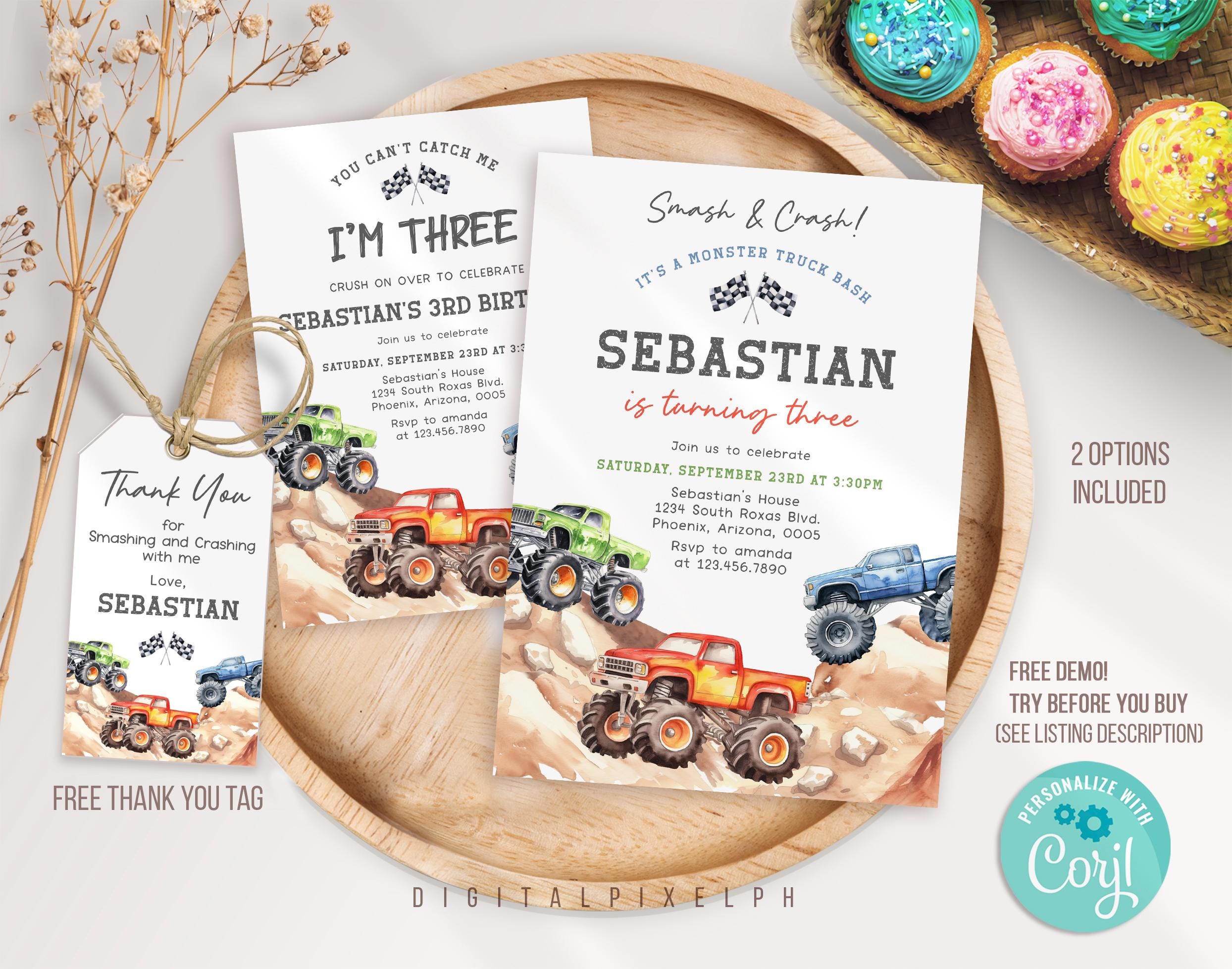 Editable Monster Truck Birthday Invitation Template, Monster Truck Invitation, Monster Truck thank you tag DPH