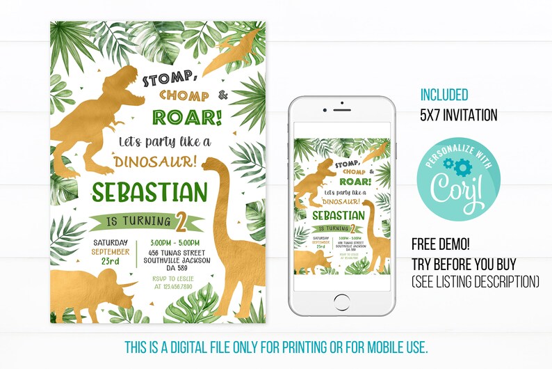 Dinosaur Birthday Party Invitation Template Dinosaur Birthday - Etsy