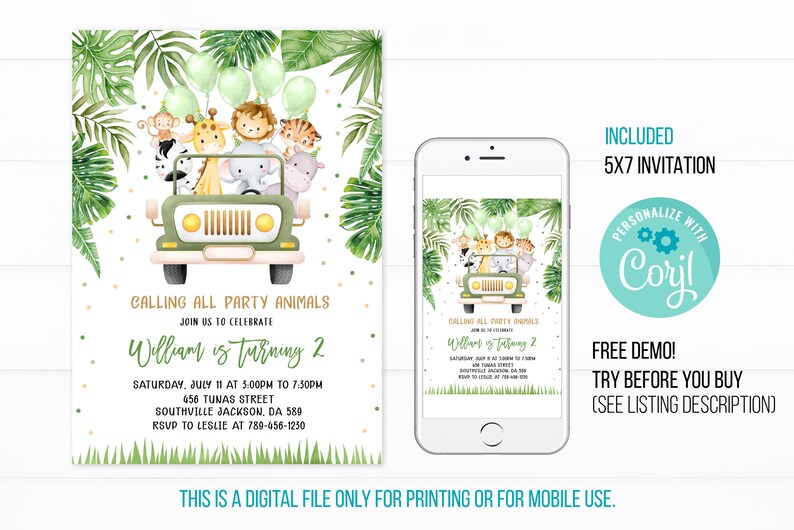 EDITABLE Safari Birthday Invitation Wild One 1st Birthday Etsy