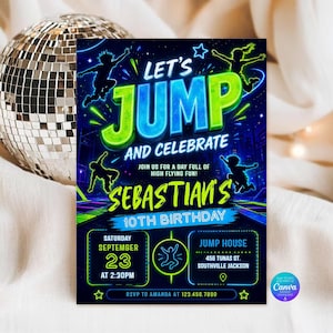 May include: A rectangular birthday invitation card featuring neon blue and green graphics of children jumping against a dark background. The text reads Let's Jump and Celebrate, Sebastian's 10th Birthday, Saturday September 23 at 2:30PM, and Jump House.
