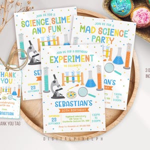 Convite de aniversário com tema de ciência maluca e experimentos de laboratório (download digital)