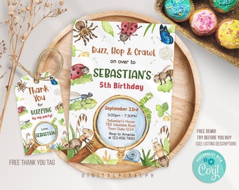 Insect Birthday Invitation, Bugs Birthday Invitation, Insect Thank you tag, Bug Invitation Editable Template