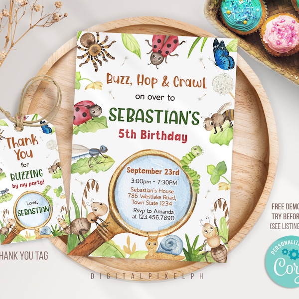 Insect Birthday Invitation, Bugs Birthday Invitation, Insect Thank you tag, Bug Invitation Editable Template