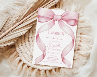 Coquette Pink Bow Birthday Invitation, Coquette Pink Bow Thank You Tags, Editable Template (Digital Download)