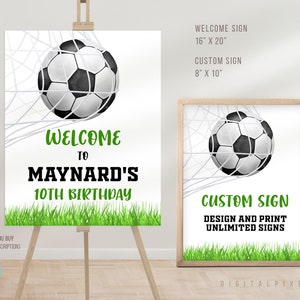 Modelo editável de sinal de boas-vindas para festa de aniversário de futebol, modelo de sinal personalizado de festa de aniversário de futebol, sinal de boas-vindas de futebol, sinal personalizado de futebol