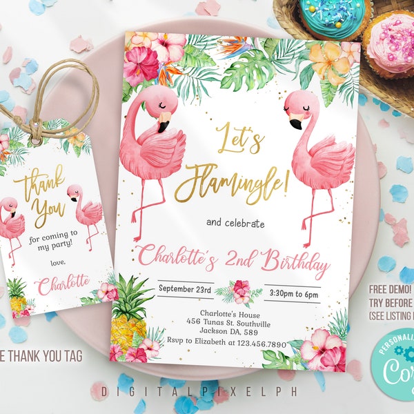 Editable Flamingo Birthday Invitation template, Flamingle Invitation, Tropical Birthday Invitation, Flamingo thank you tag