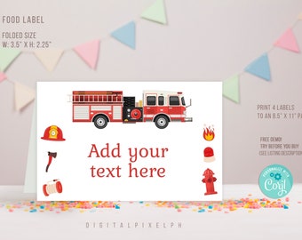 Editable Fire truck Food Label, Fire truck Birthday Party Food Tent Cards, Fire truck Food Tent Label