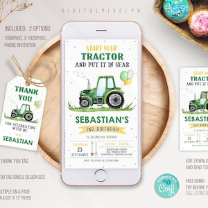Bewerkbare sjabloon voor elektronische uitnodiging groene tractor, telefoonverjaardagsuitnodiging groene tractor, verjaardagsuitnodiging groene tractor M3L