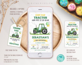 Plantilla de invitación electrónica de Green Tractor, invitación telefónica de cumpleaños de Green Tractor, invitación electrónica de Green Tractor