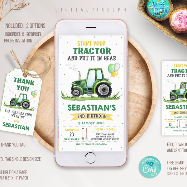 Green Tractor Electronic Invitation Template, Green Tractor Birthday Phone Invitation, Green Tractor Electronic Invitation