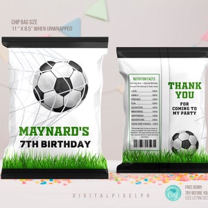 Etichette avvolgenti per sacchetti di chip di compleanno modificabili per il calcio, etichette avvolgenti per sacchetti di chip di calcio