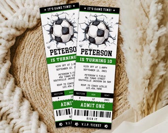 May include: Two rectangular party invitations designed as sports tickets. Each features a soccer ball graphic breaking through a wall, the text IT'S GAME TIME!, PETERSON IS TURNING 10, event details, a barcode, and the text ADMIT ONE and V.I.P. TICKET.