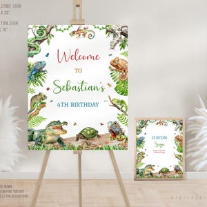 May include: A welcome sign and a custom sign with a reptile theme. The welcome sign is 40.6cm x 50.8cm and says "Welcome to Sebastian's 4th Birthday". The custom sign is 20.3cm x 25.4cm and says "Custom Sign". Both signs feature watercolor illustrations of reptiles.