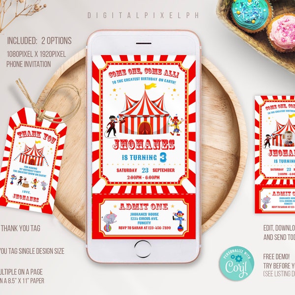 Circus Phone Birthday Invitation, Carnival Electronic Invitation, Carnival Phone Invitation, Carnival Electronic Phone Invite