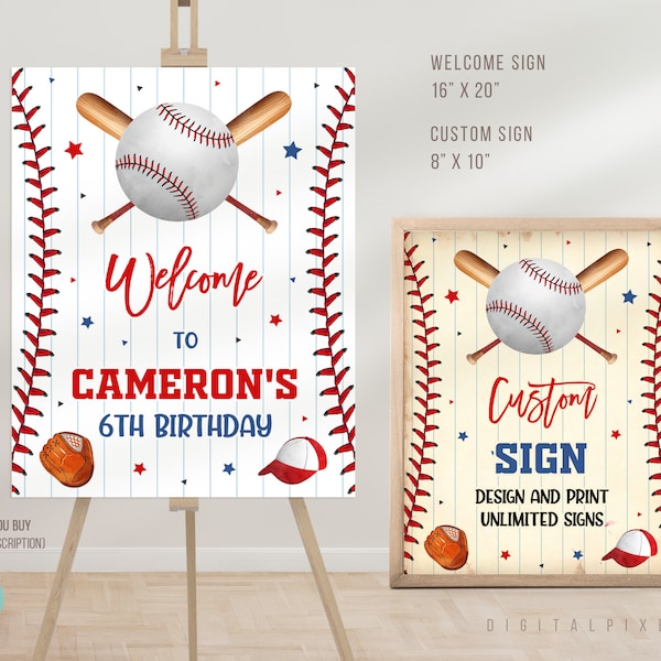 Plantilla de signo de bienvenida de cumpleaños de béisbol editable, plantilla de signo personalizado de fiesta de cumpleaños de béisbol, signo de bienvenida de béisbol, signo personalizado de béisbol