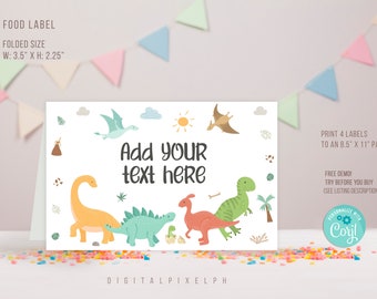 Editable Dinosaur Food Label, Dinosaur Birthday Party Food Tent Cards, Dinosaur Food Tent Label