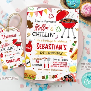 Editable BBQ Birthday Invitation Template, Barbeque Birthday Invitation, BBQ Invitation, BBQ thank you tag