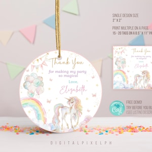 Bearbeitbares Einhorn Rund Dankeschön Tags, Einhorn Aufkleber, Einhorn Quadrat Dankeschön Tags, Einhorn Favor Tags