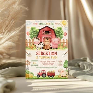 May include: A farm-themed birthday invitation with the text "OINK, CLUCK, BAA AND MOO!" and "SEBASTIAN IS TURNING TWO!". The design features a red barn, farm animals, a tractor, and a sheep. The invitation includes event details.