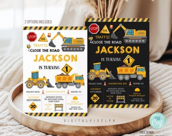 Construction Truck Birthday Invitation Template, Editable Thank You Tags (Digital Download)
