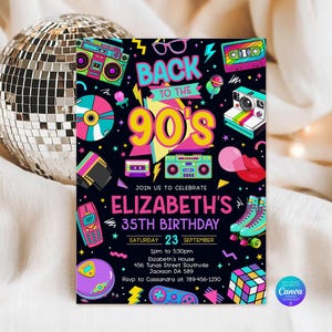 May include: A rectangular birthday invitation card with a black background featuring colourful 90s-themed illustrations including a boombox, cassette tape, roller skates, and a Rubik's cube. The text reads BACK TO THE 90'S, ELIZABETH'S 35TH BIRTHDAY.