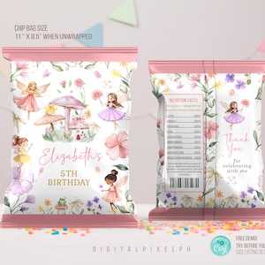 May include: Pink and white chip bag with a fairy theme. The front features fairies, flowers, and the text "Elizabeth's 5th Birthday." The back says "Thank You for celebrating with me." The bag is 27.9 cm x 21.6 cm when unwrapped.