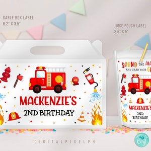 Editable Fire truck Capri Sun Labels, Fire truck Juice Labels, Fire truck Gable Box Favor Label, Fire truck Favour Box Label, DPH