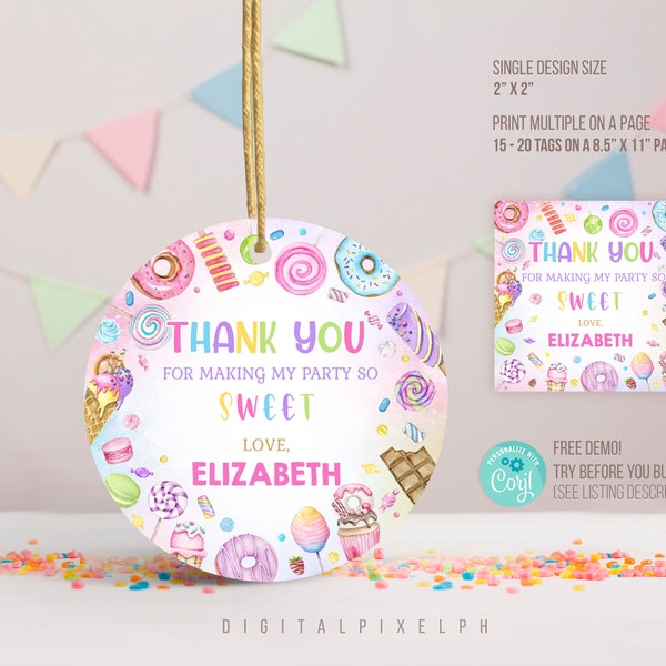 Editable Round Sweets thank you tags, Sweets thank you tags, Sweets Favor Tag, Round Candy thank you tags, Candy Favor Tag