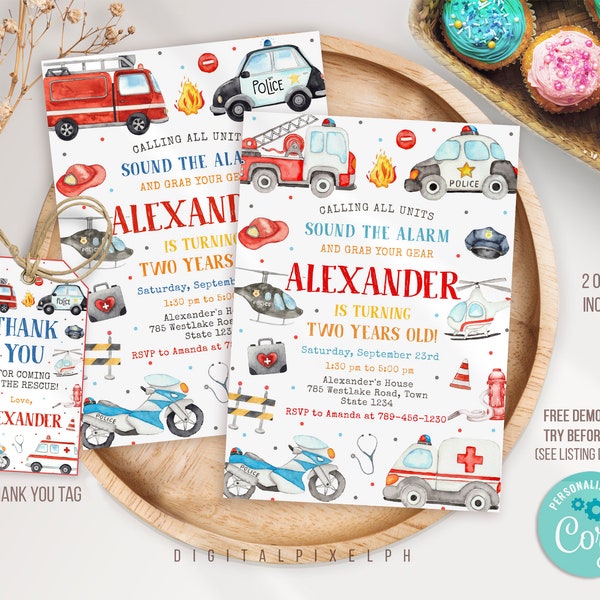 Editable Emergency Vehicles Birthday Invitation, First Responders Invitation, Emergency Vehicles Invitation