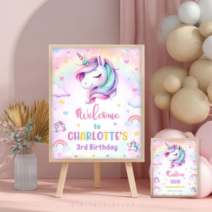 編集可能なユニコーンの誕生日ウェルカムサインテンプレート（デジタルダウンロード）