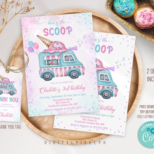 Ice Cream Truck Birthday Invitation, Ice Cream Birthday Invitation, Ice Cream Thank you tag, Editable Ice Cream Truck Invitation