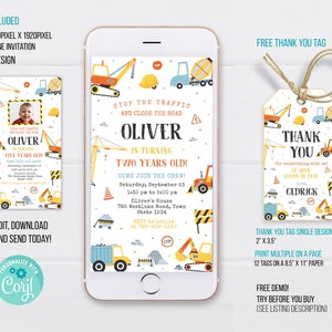 Construction Phone Birthday Invitation Template, Construction Electronic Invitation, Construction thank you tag, Electronic Phone Invite