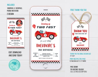 Racing Car Phone Birthday Invitation Template, Race Car Electronic Invitation, Racing Car Electronic Invite, Phone Invite