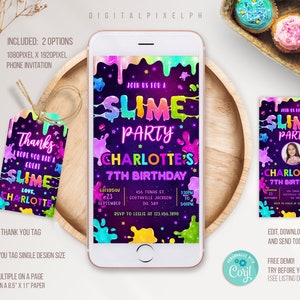 Slime Party telefoon verjaardagsuitnodiging sjabloon, Slime elektronische uitnodiging, Slime bedanktag, Slime Party Invite, Slime Phone Invite M3L