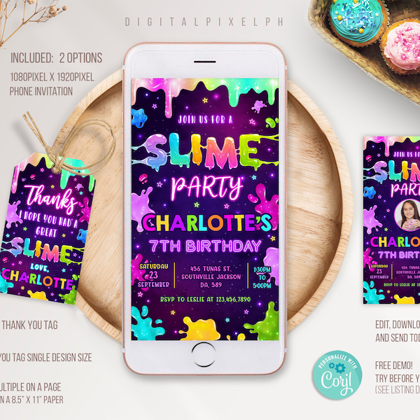 Slime Party Phone Birthday Invitation Template, Slime Electronic Invitation, Slime thank you tag, Slime Party Invite, Slime Phone Invite