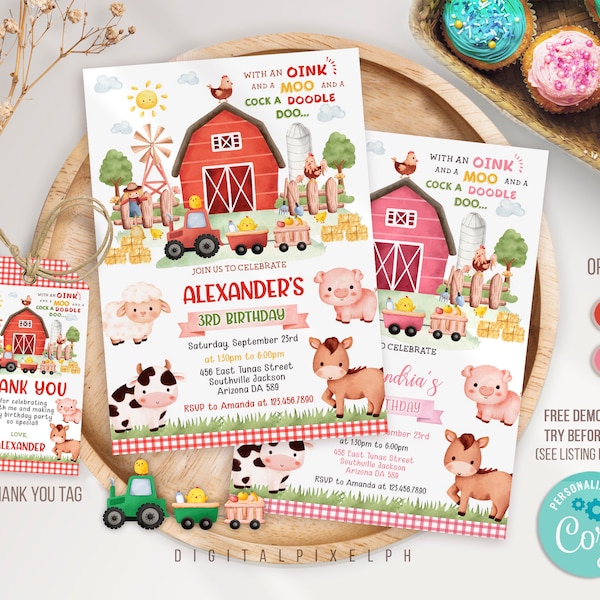 Farm Birthday Party Invitation Template, Farm Animals Birthday Invitation, Farm thank you tag, Barnyard, Printable, Instant download