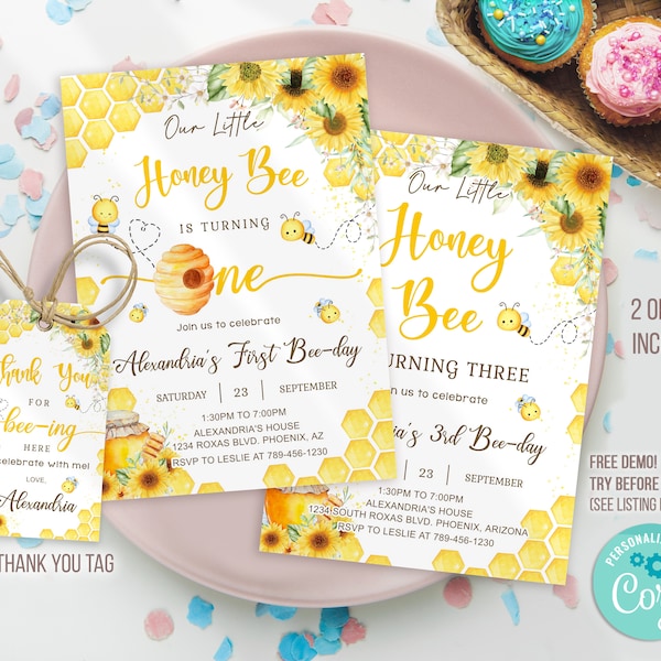 Bee Birthday Invitation, Bee Birthday Invite, Honey Bee Birthday Invitation, Editable Bee Invitation, Bee thank you tag