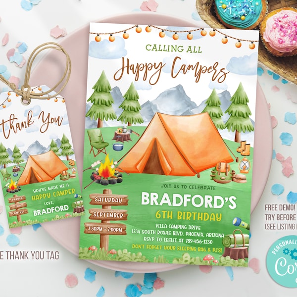 Editable Camping Birthday Invitation, Happy Camper Invitation, Camping Birthday Template, Camping thank you tag