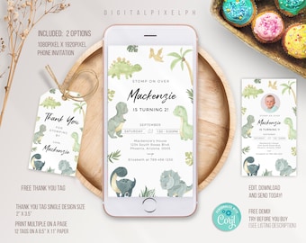 Dinosaur Electronic Invitation Template, Dinosaur Birthday Phone Invitation, Dinosaur Thank you tag, Editable Electronic Invitation