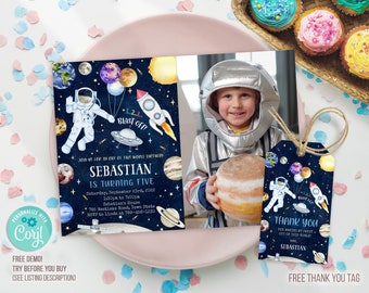 Outer Space Birthday Invitation Template with Photo, Planets Rocket Ship Astronaut Invite, Galaxy Blast Off Invitation, Editable Invitation