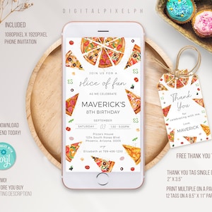 Pizza Party Electronic Invitation Template, Pizza Party Birthday Phone Invitation, Pizza Party Thank you tag, Pizza Electronic Invitation