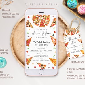 Pizza Party Electronic Invitation Template, Pizza Party Birthday Phone Invitation, Pizza Party Thank you tag, Pizza Electronic Invitation