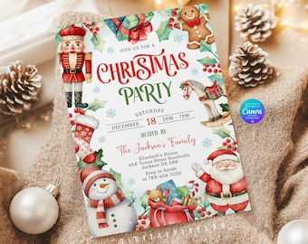 May include: A rectangular Christmas party invitation card featuring watercolor illustrations of a nutcracker, gingerbread man, rocking horse, stocking, snowman, and Santa Claus. The text reads: Join us for a Christmas Party, Saturday December 18, 3pm-7pm.