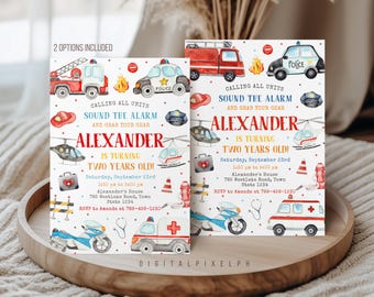 Emergency Vehicle Birthday Invitation, Fire Truck, Police, Ambulance (Digital)