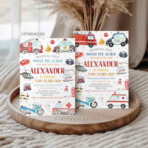 Emergency Vehicle Birthday Invitation, Fire Truck, Police, Ambulance (Digital Download)