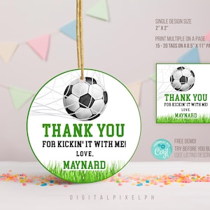 Tag di ringraziamento modificabili del round di calcio, adesivo di calcio, tag di ringraziamento di Soccer Square, tag di favore di calcio