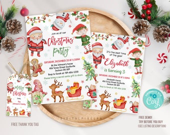 Editable Christmas Party Invitation, Christmas Birthday Invitation, Christmas Invitation, Christmas thank you tag